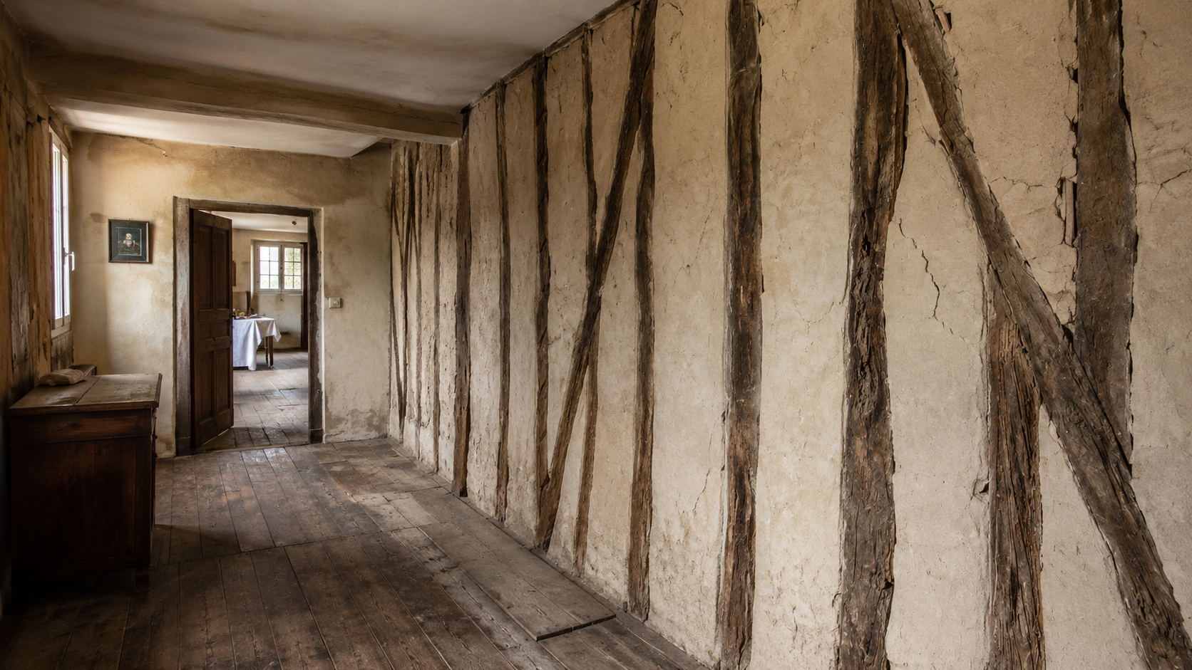 Pièce ancienne avec vieille tapisserie et plafond légérement taché par une ancien dégat des eaux