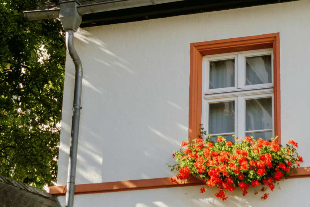 Façade avec encadrements de fenêtres peints et fleurie